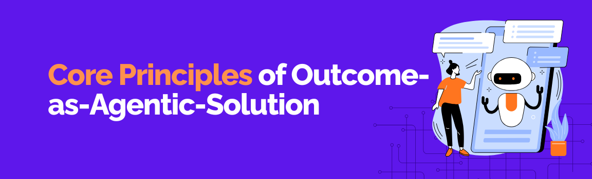 Core principles of Outcome-as-Agentic-Solution framework showing AI chatbot interaction on mobile interface