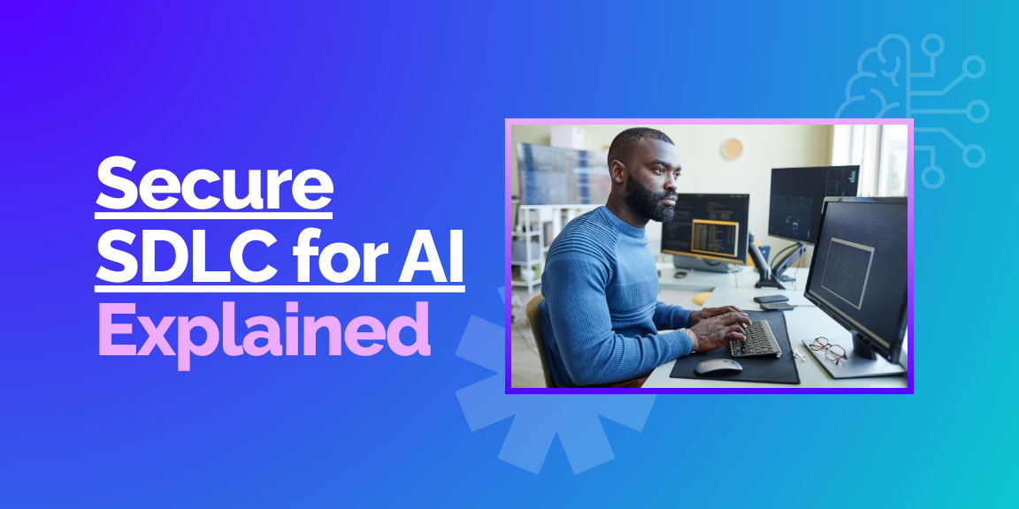 Secure SDLC for AI features overview with developer coding and AI security lifecycle theme.