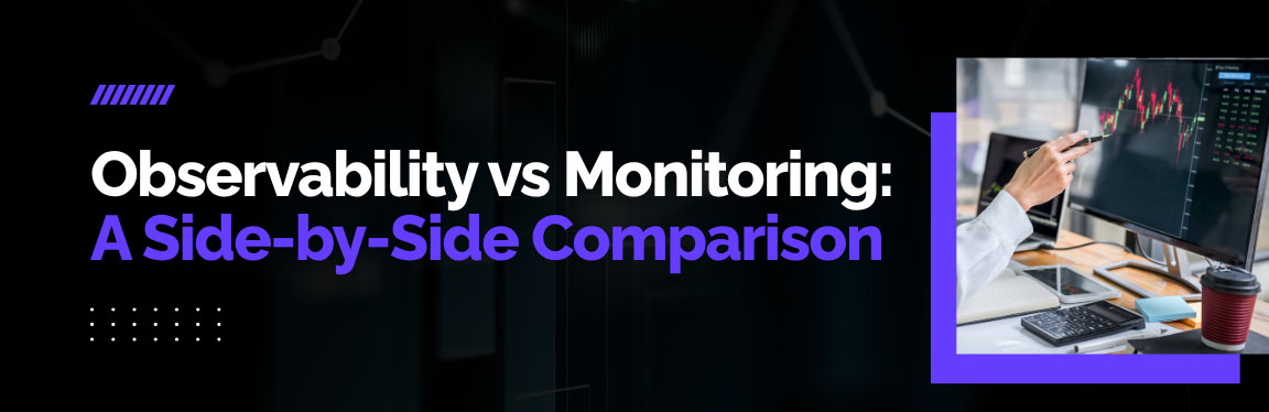 Observability vs monitoring comparison showing differences in metrics, logs, traces, and system visibility
