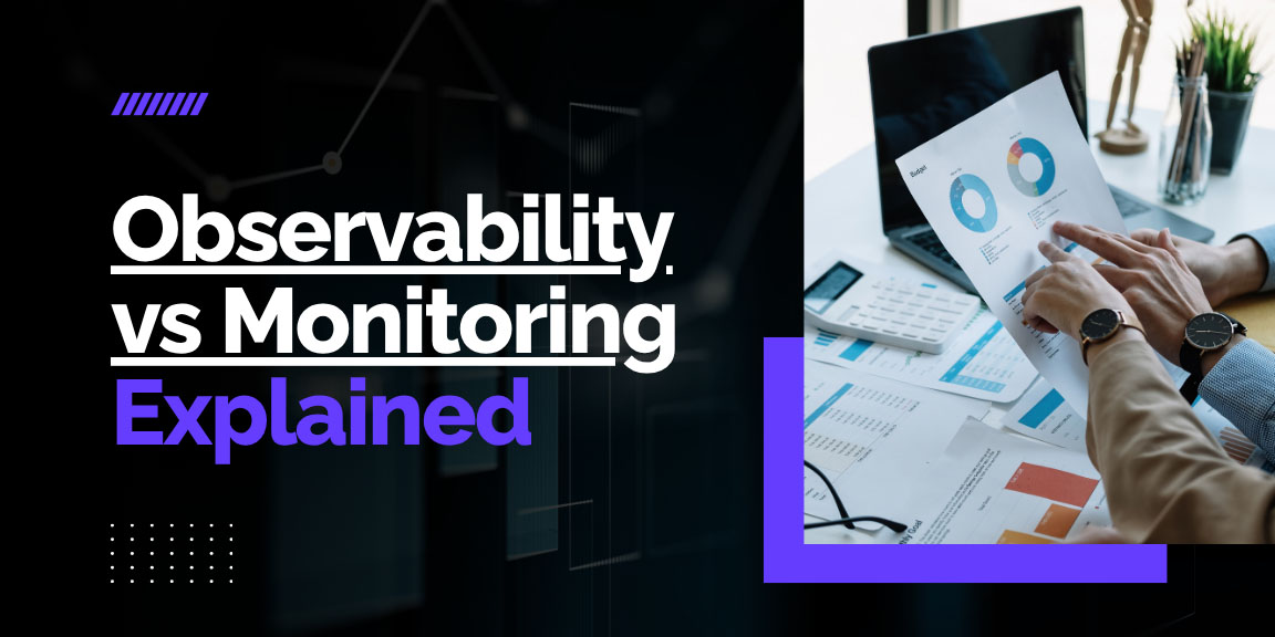 Observability vs monitoring explained with engineers analyzing system metrics, logs, and performance dashboards