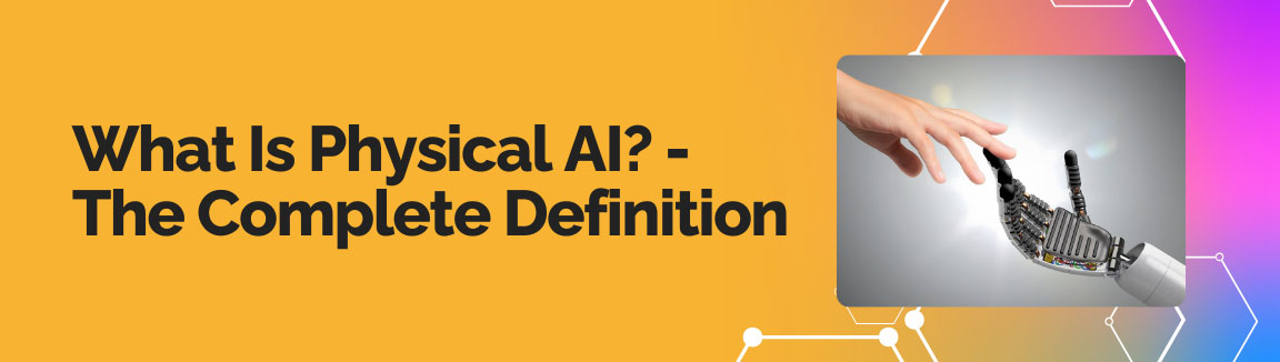 What is physical AI concept showing human hand interacting with robotic hand and intelligent machine systems